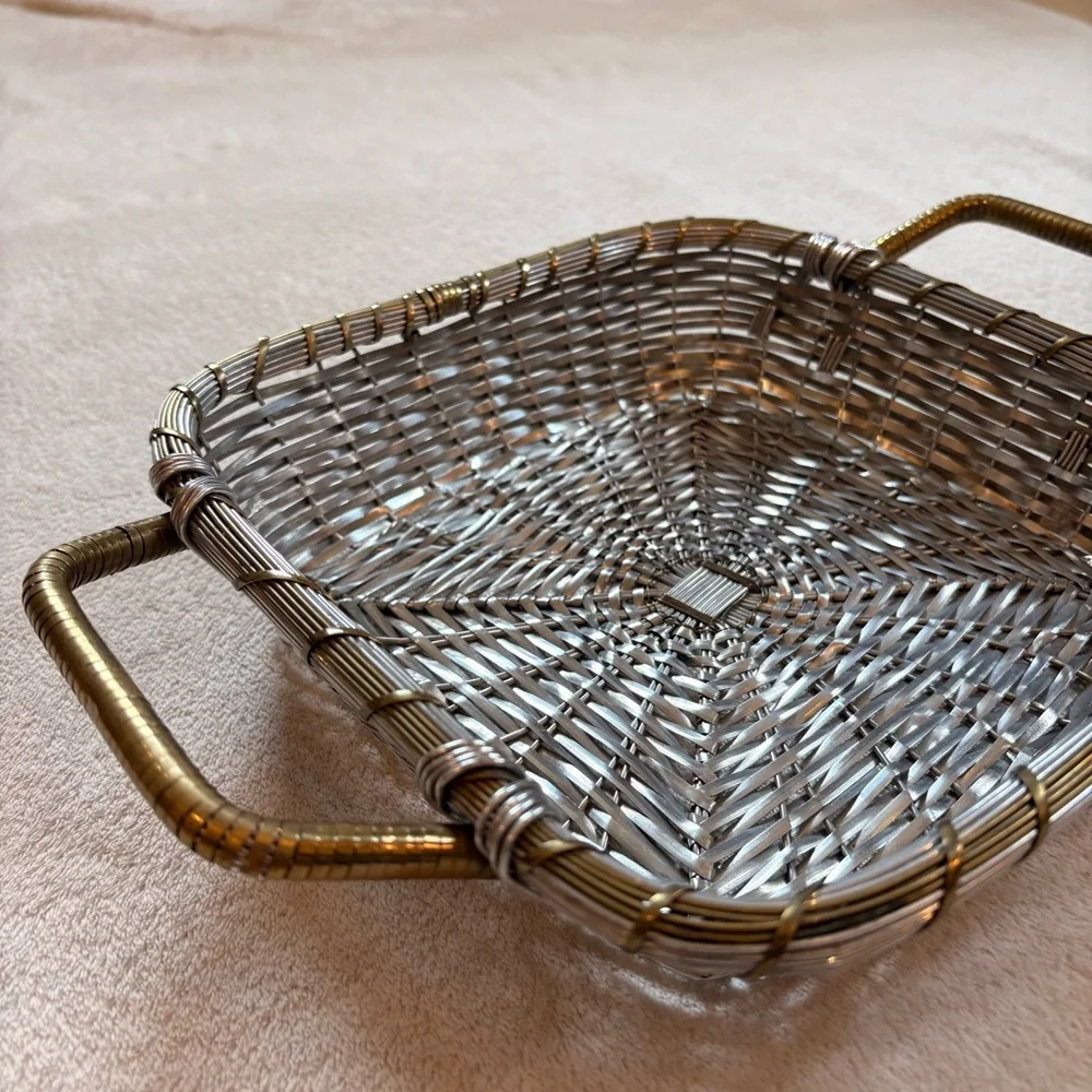 Woven Metal Square Serving Basket with Handles - Silver and Brass NWT